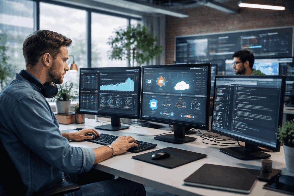 Ingénieur DevOps devant des tableaux de bord de déploiement et du code