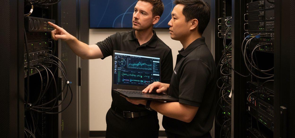 Deux techniciens vérifient la configuration de sécurité d'une salle serveurs