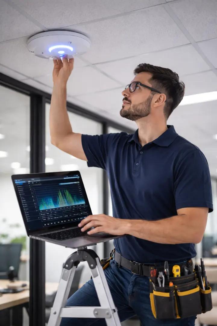 Technicien installant une borne Wi-Fi au plafond d'un bureau